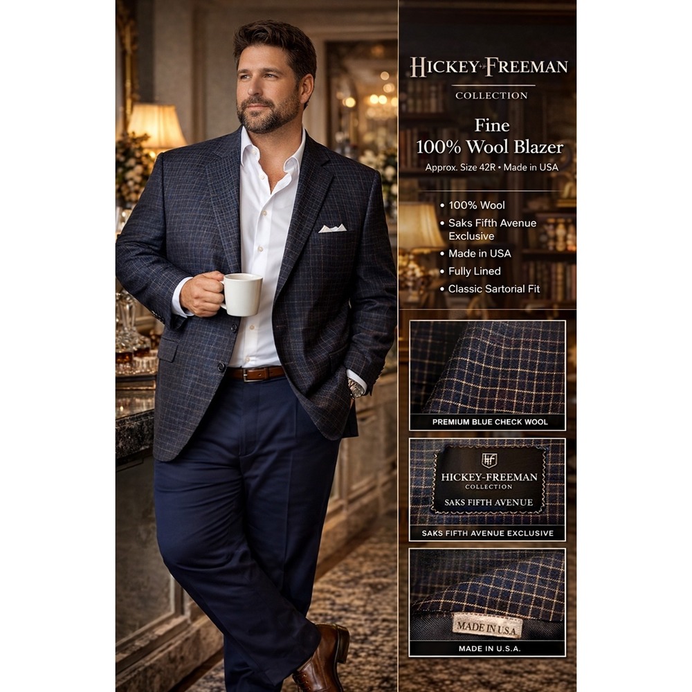 Hickey Freeman Saks Fifth Avenue Blue Check 100% Wool Blazer Diplomat 42R USA